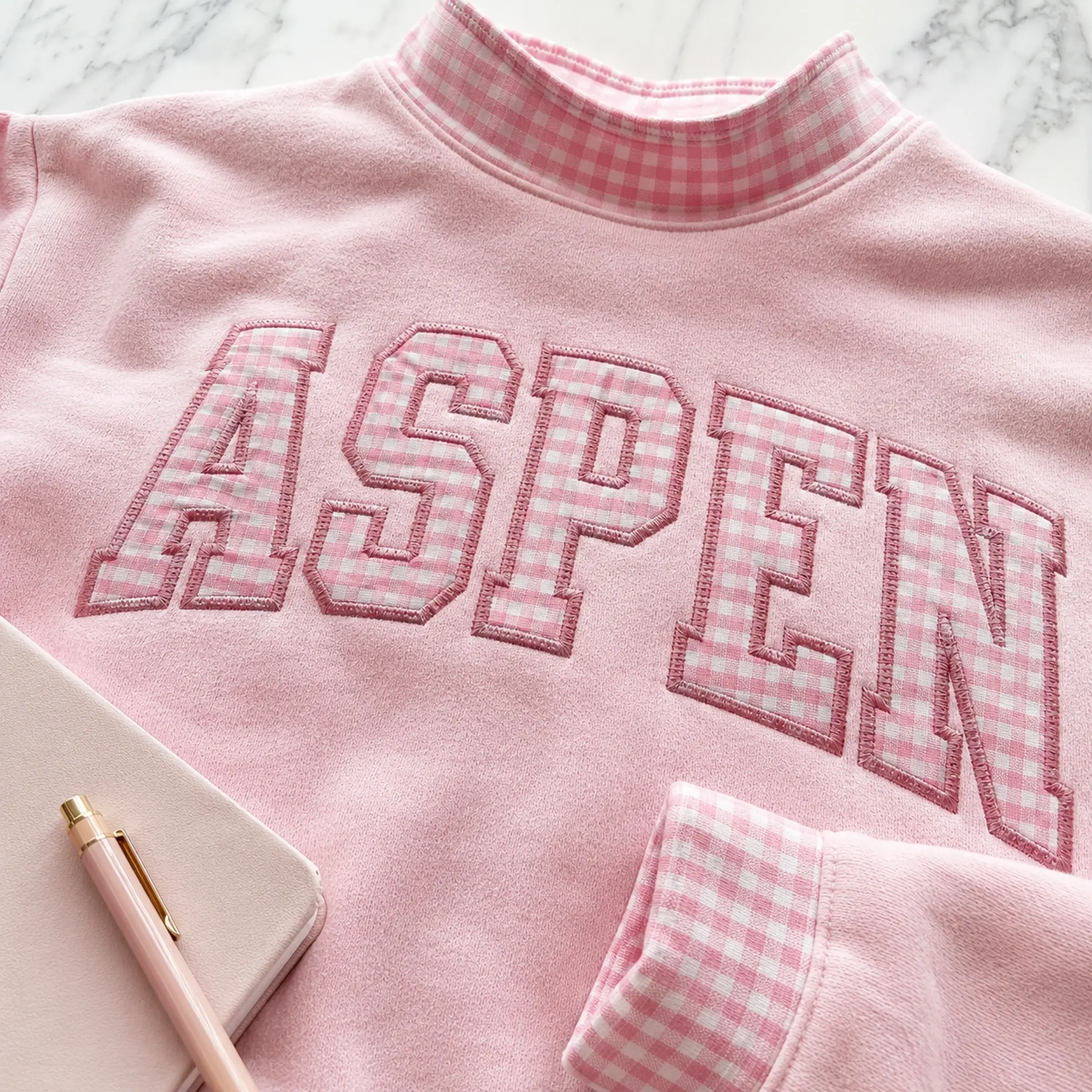Hometown Varsity Mockneck — Your Town in Gingham Letters