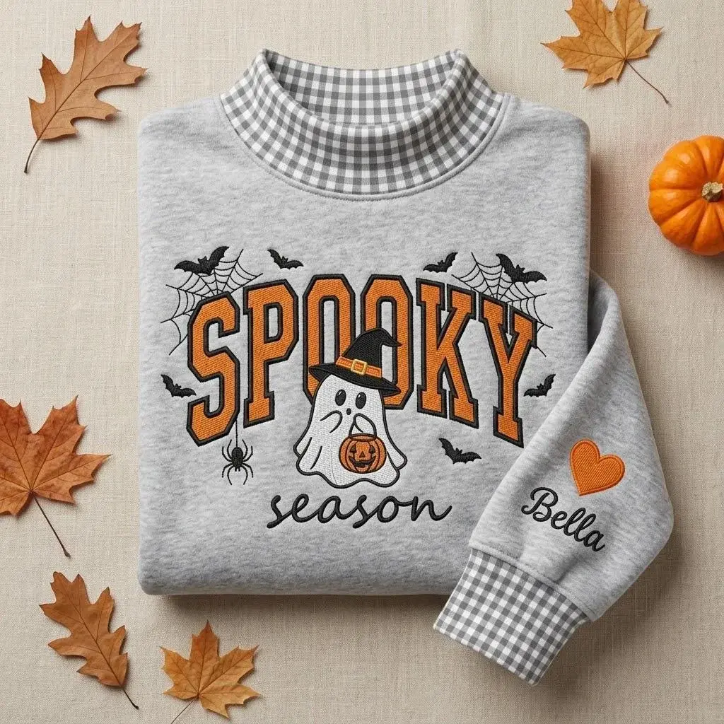 Spooky Season Mockneck — Ghost Appliqué, Their Name on the Sleeve