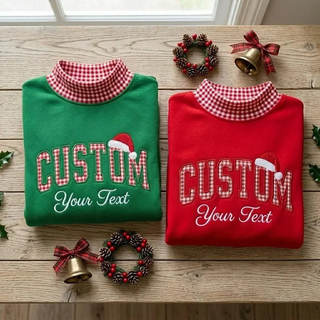 Christmas Custom Text Mockneck — Any Word in Gingham Letters, Santa Hat on Top
