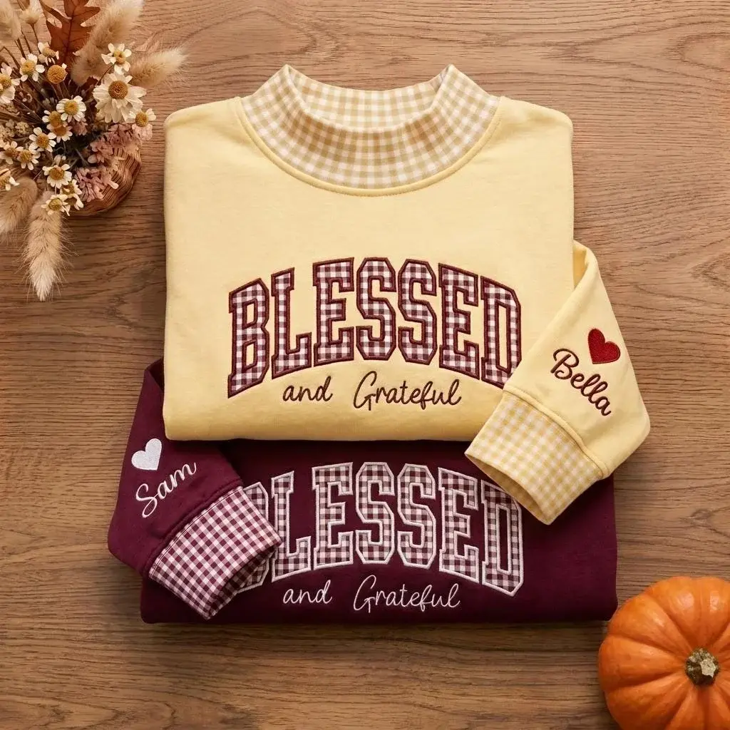 Blessed & Grateful Mockneck — Gingham Letters for the Table