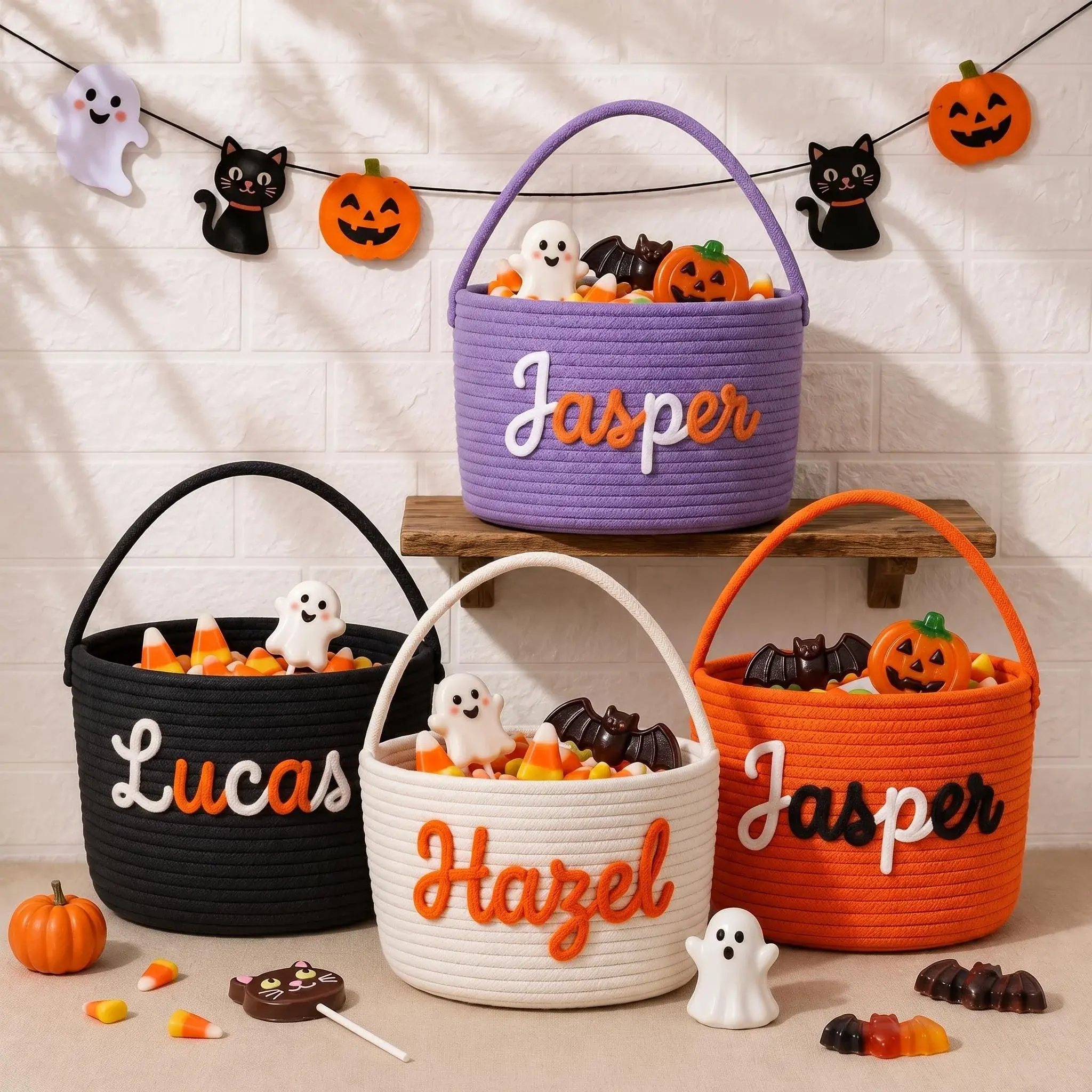Halloween Treat Basket — Rope Basket, Their Name in Chunky Yarn