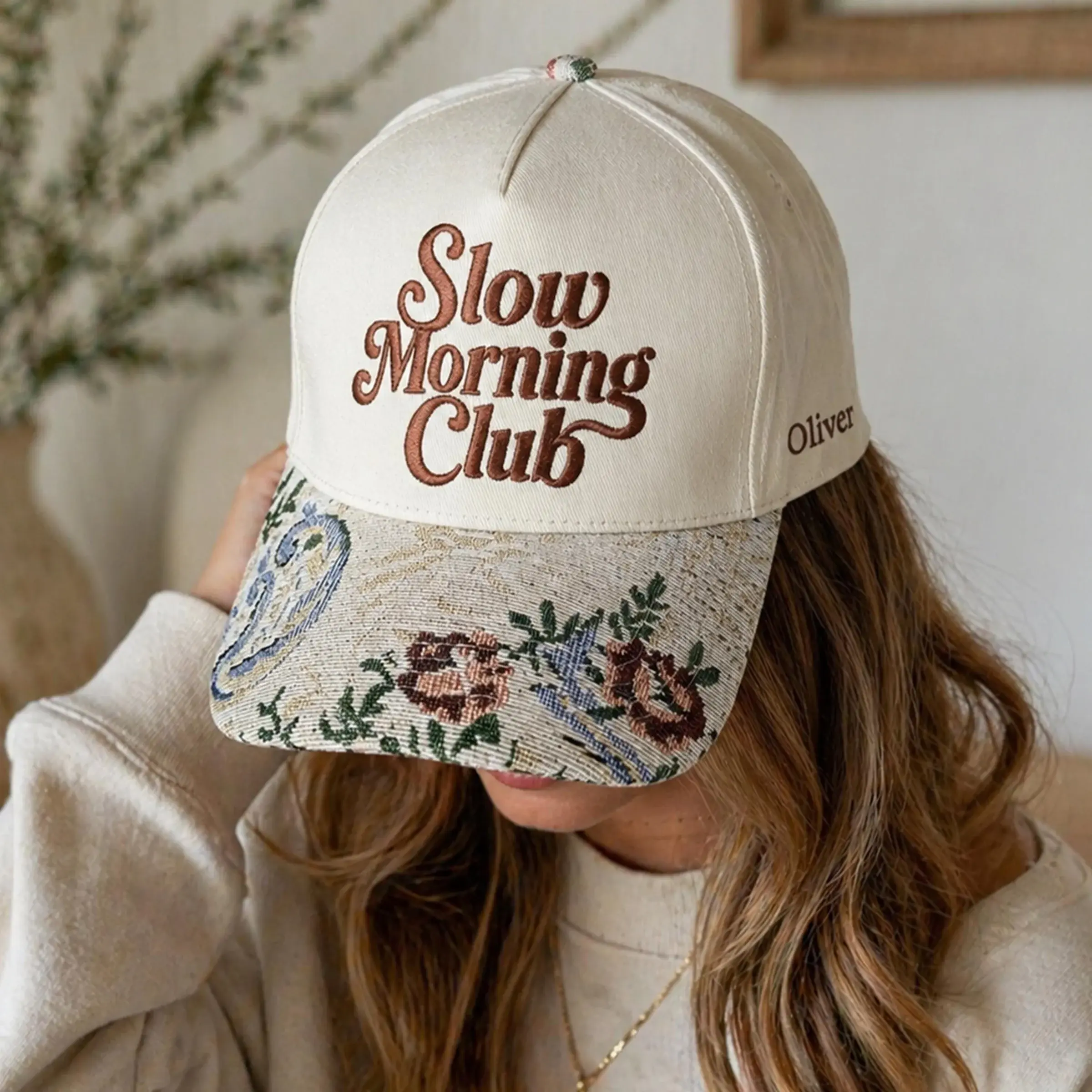 Slow Morning Club Cap — Tapestry Brim, Your Name on the Side