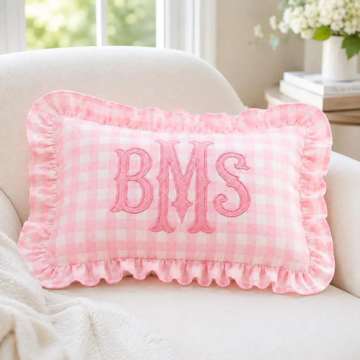 Gingham Monogram Pillow — Ruffled, With Their Initials