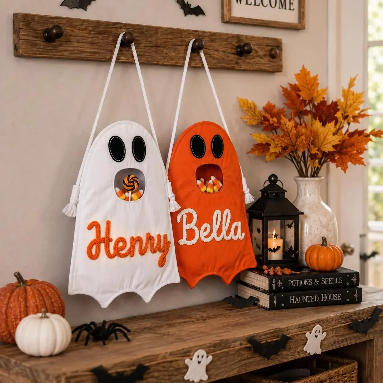 Ghost Treat Bag — Their Name in Chunky Yarn, Ready for the Door