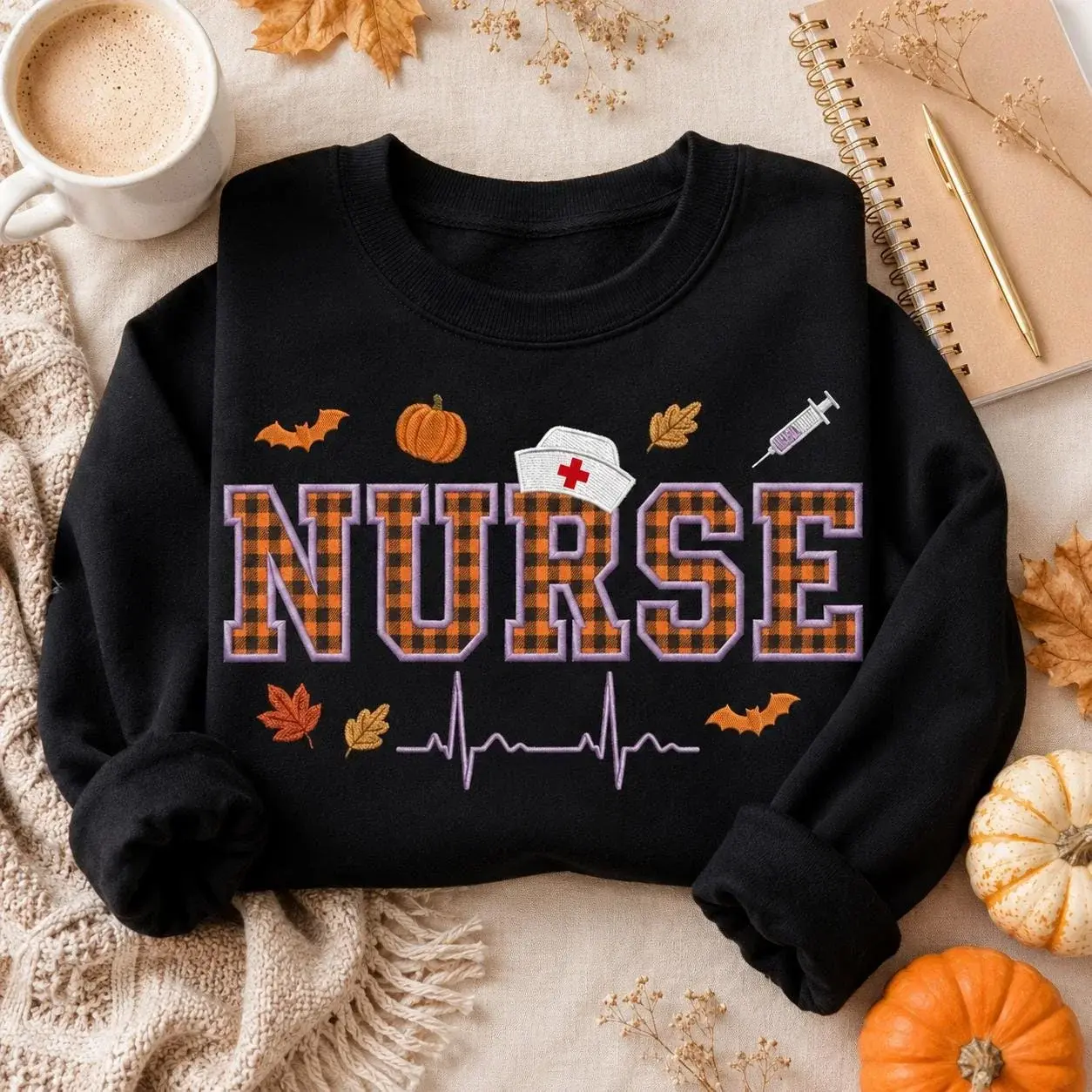 Nurse Crewneck — Plaid Appliqué Letters, Their Name on the Sleeve