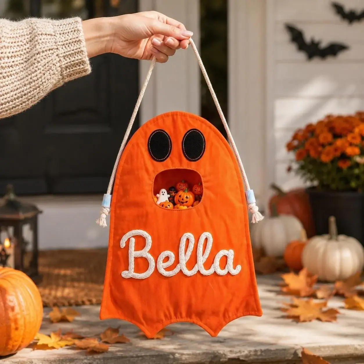 Ghost Treat Bag — Their Name in Chunky Yarn, Ready for the Door