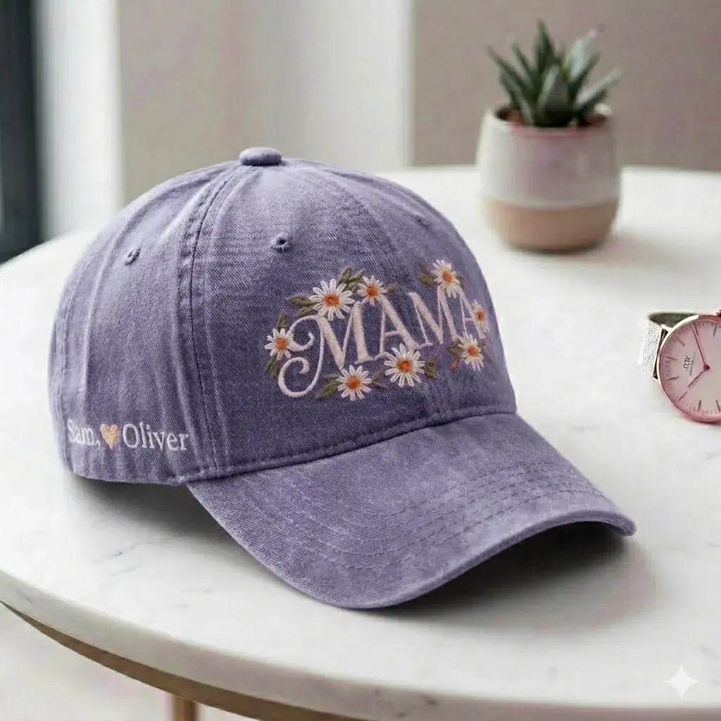 Mama Daisy Cap — Embroidered Daisies, the Kids' Names on the Side