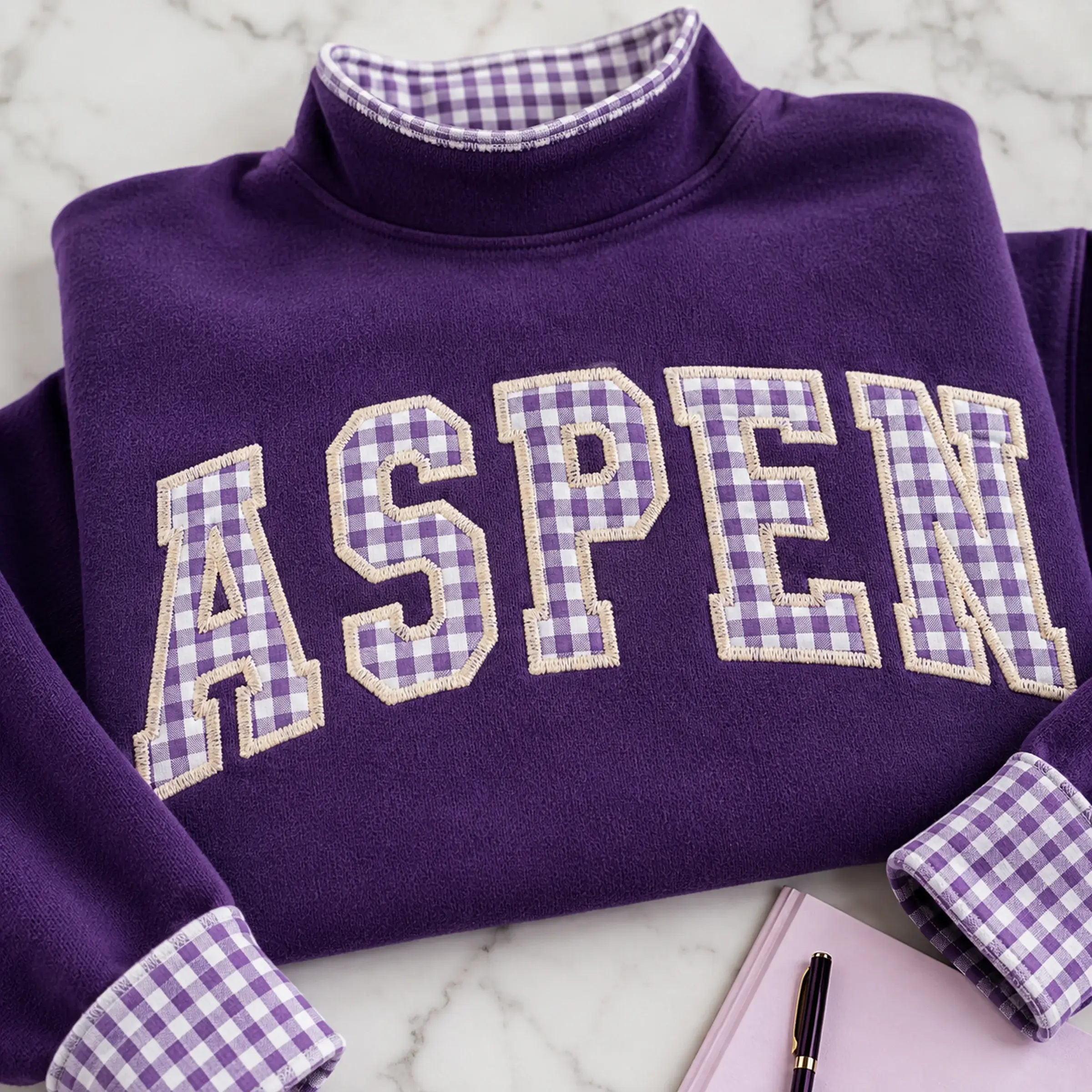 Hometown Varsity Mockneck — Your Town in Gingham Letters