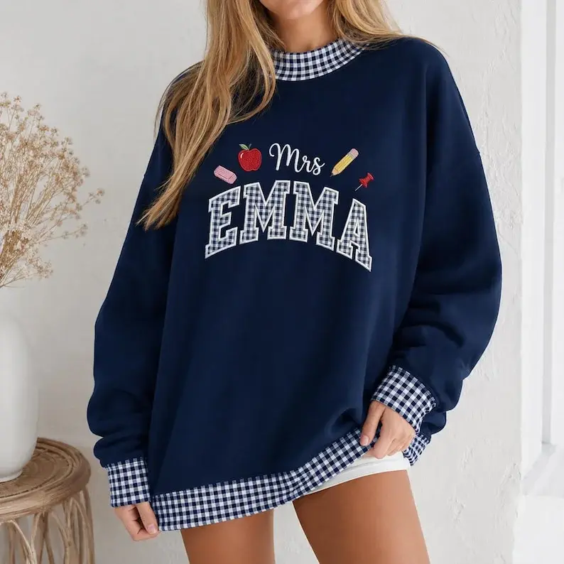 Mrs. Teacher Mockneck — Her Name in Gingham Letters
