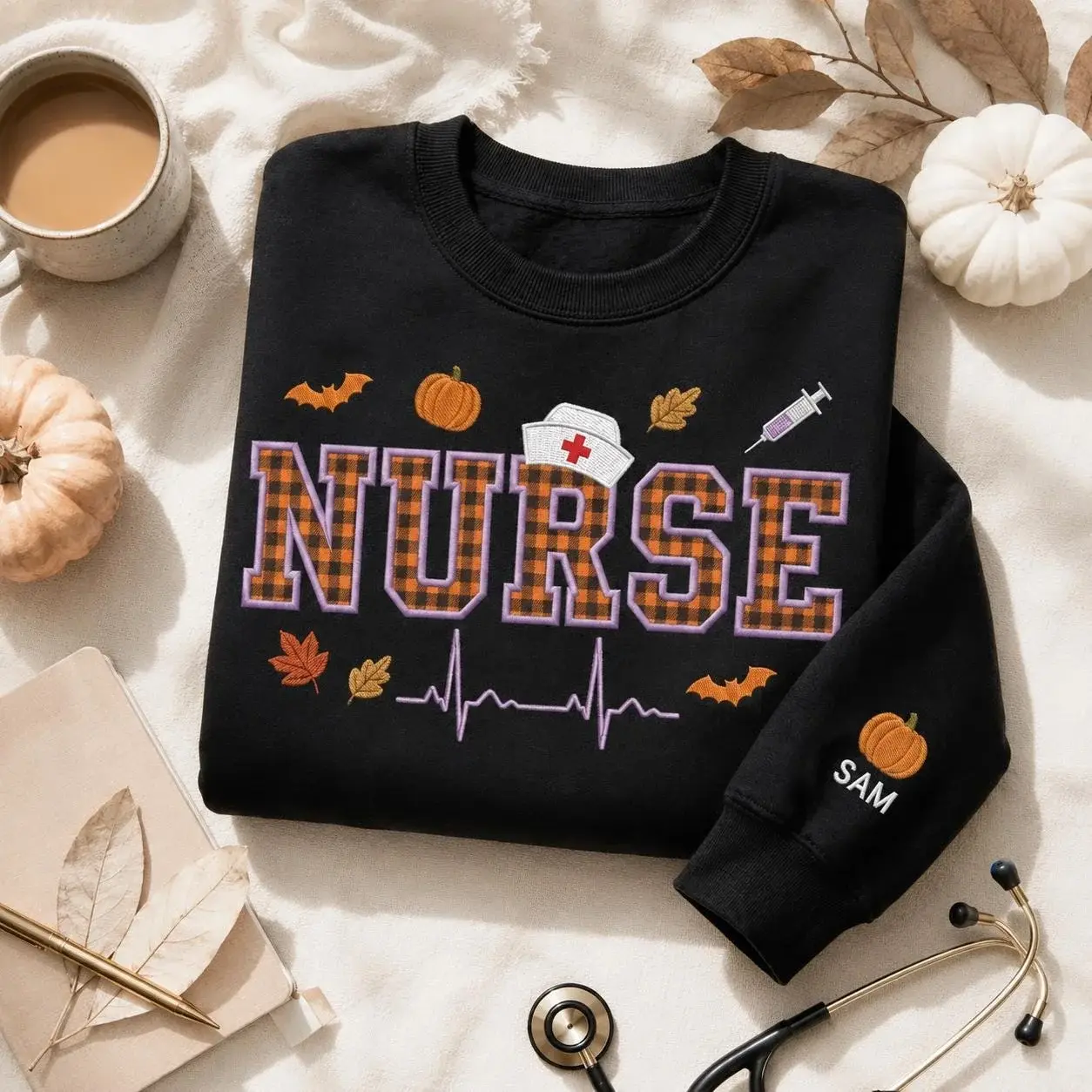 Nurse Crewneck — Plaid Appliqué Letters, Their Name on the Sleeve