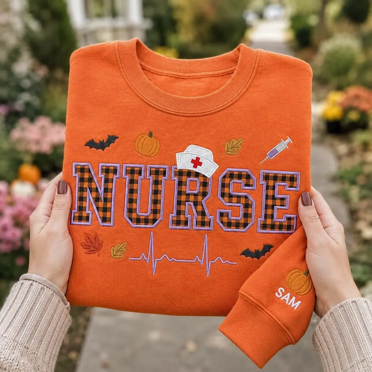 Nurse Crewneck — Plaid Appliqué Letters, Their Name on the Sleeve