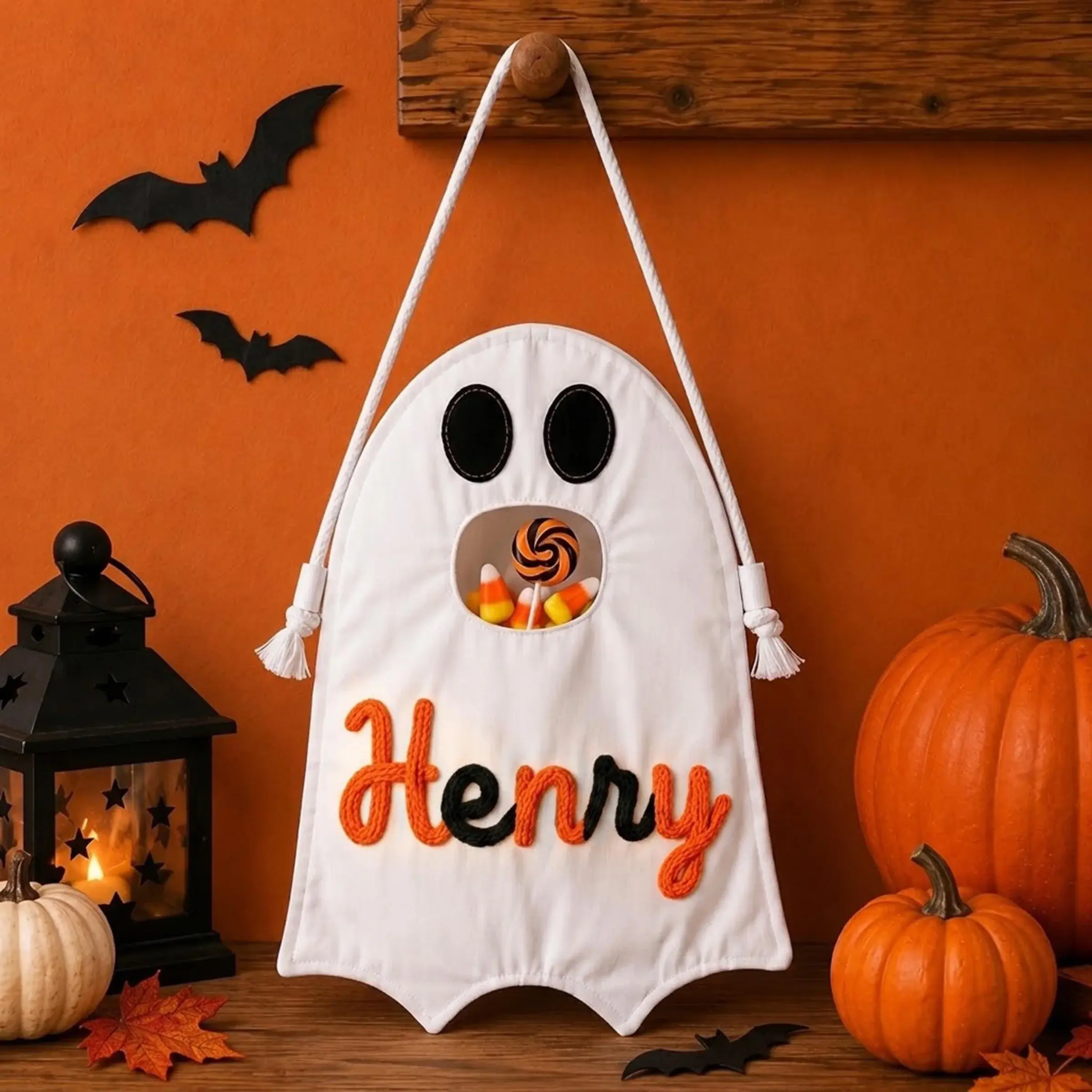 Ghost Treat Bag — Their Name in Chunky Yarn, Ready for the Door
