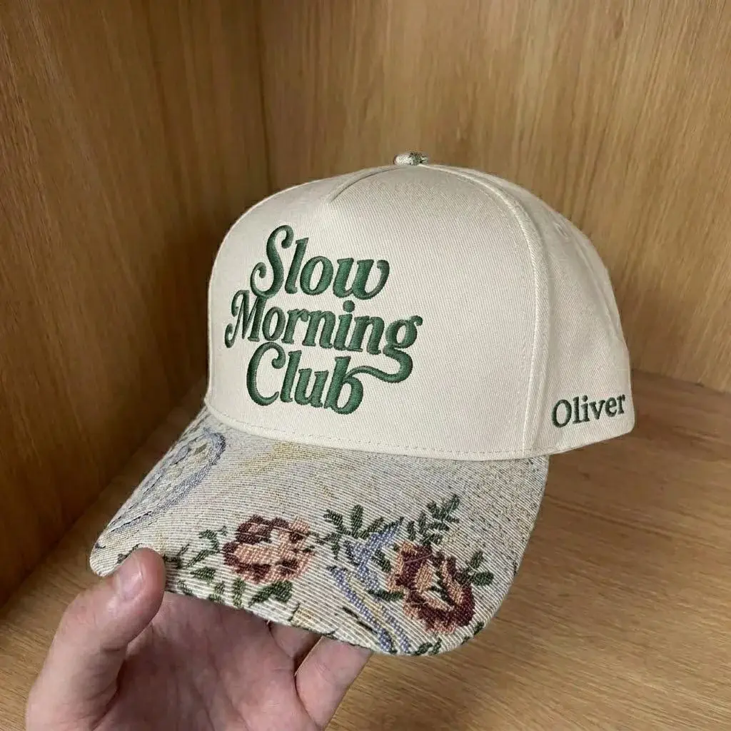 Slow Morning Club Cap — Tapestry Brim, Your Name on the Side