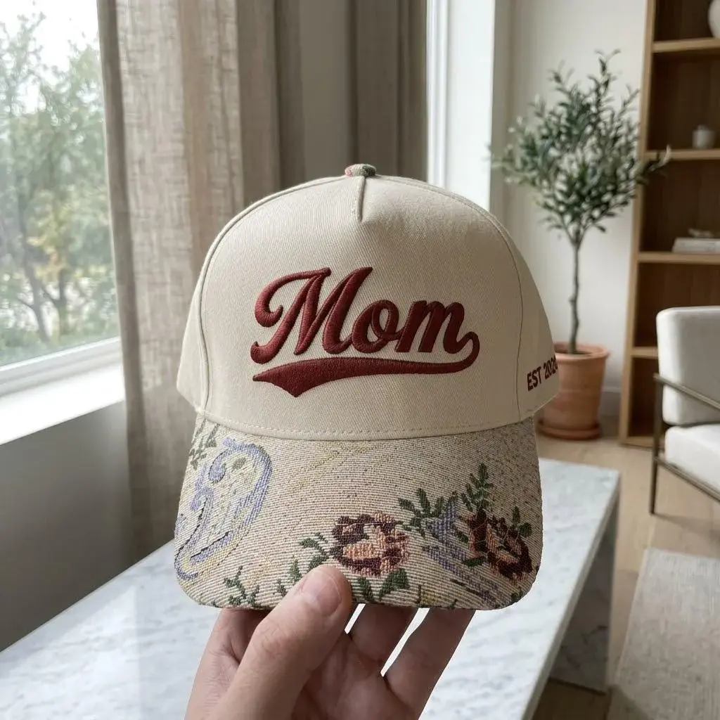 Cream cap with floral tapestry brim and embroidered text