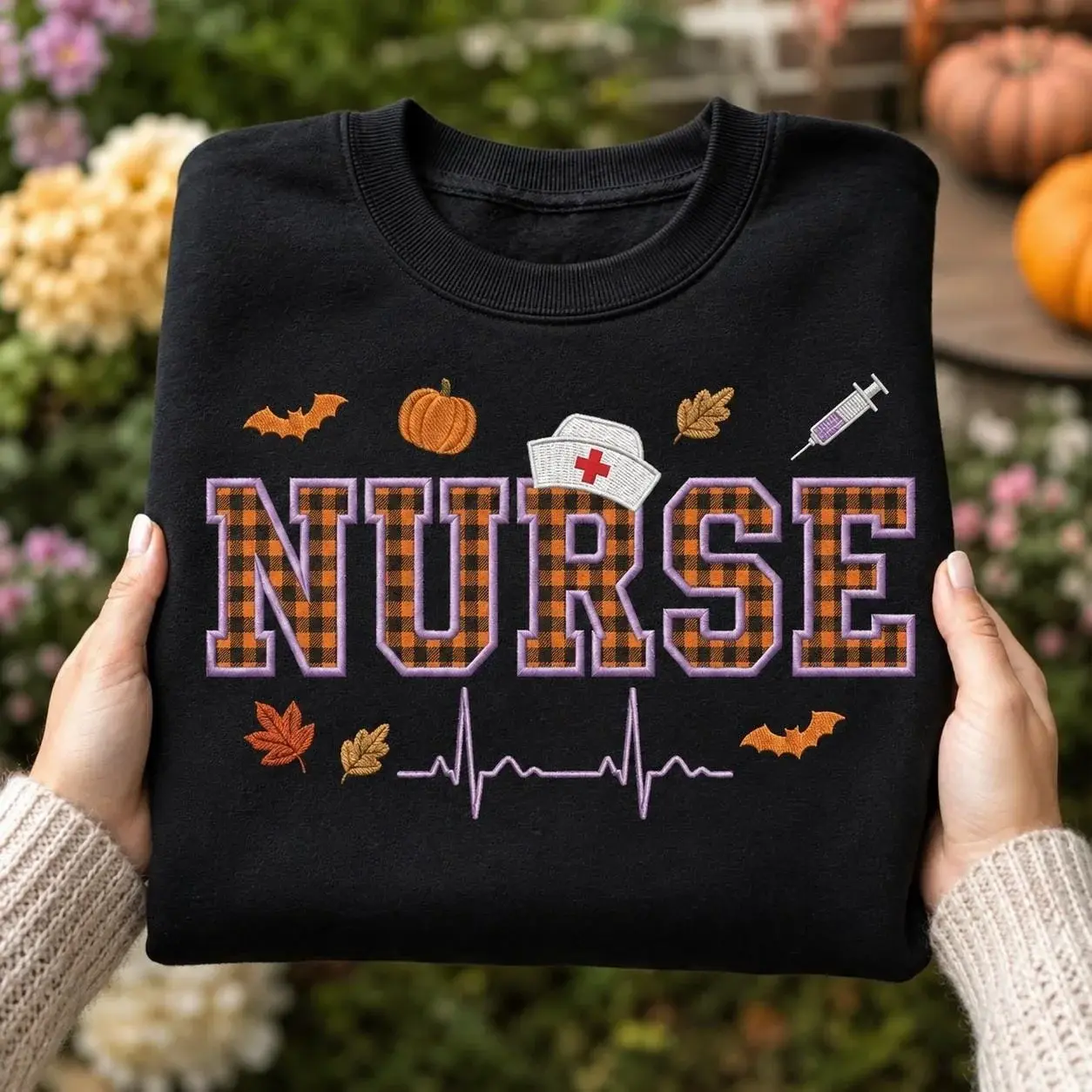 Nurse Crewneck — Plaid Appliqué Letters, Their Name on the Sleeve