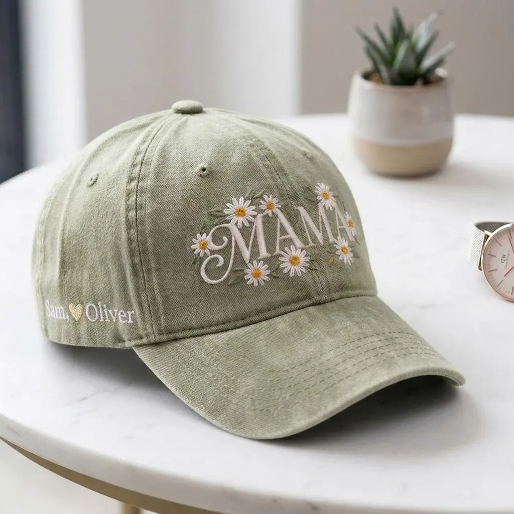 Mama Daisy Cap — Embroidered Daisies, the Kids' Names on the Side