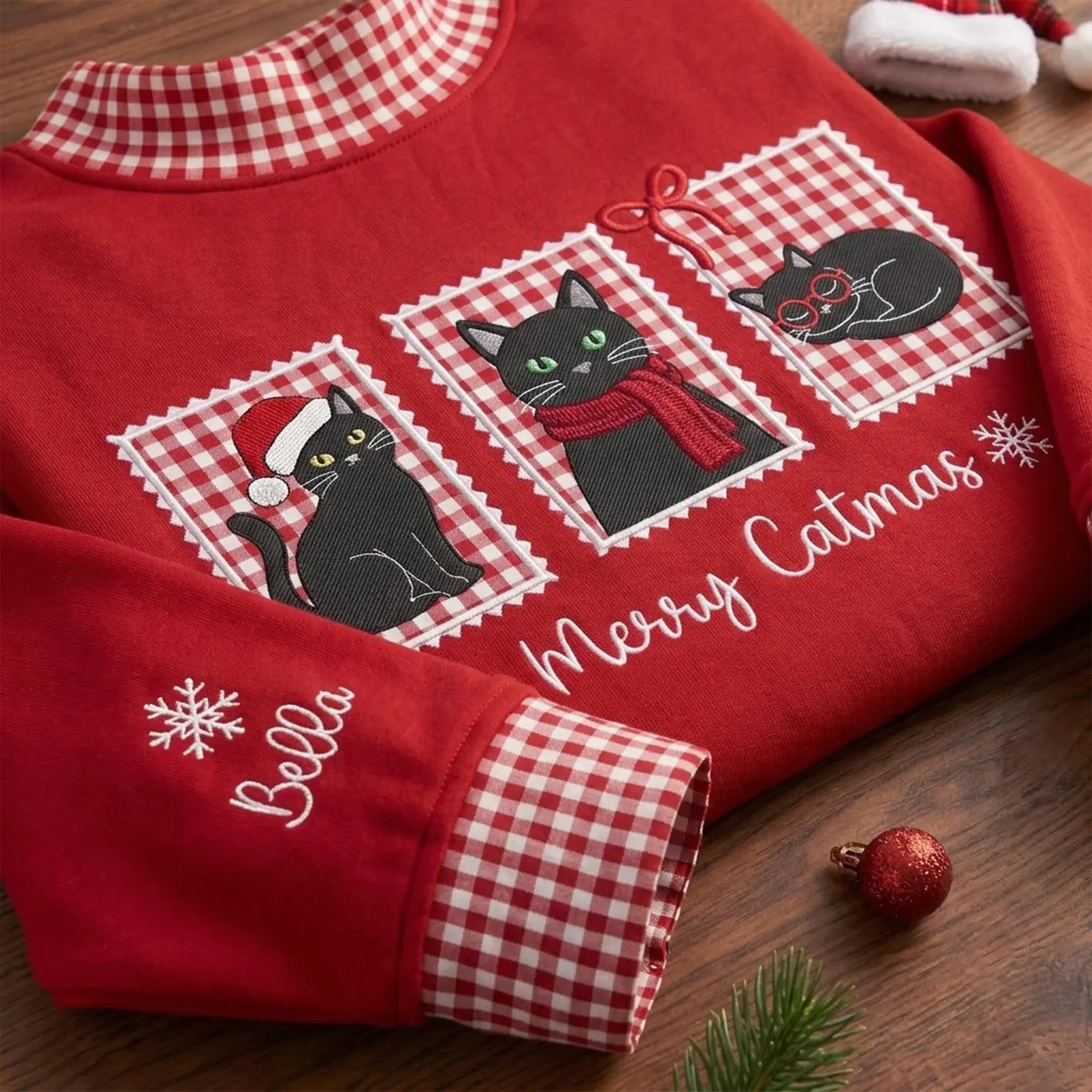 Merry Catmas Mockneck — Three Stitched Cats, Their Name on the Sleeve