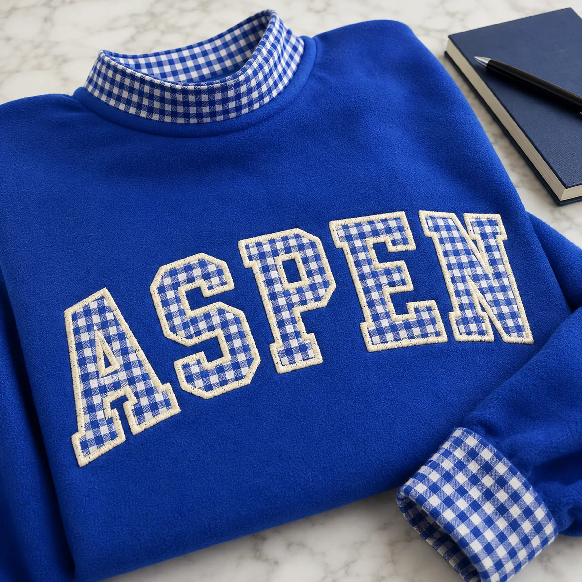 Hometown Varsity Mockneck — Your Town in Gingham Letters