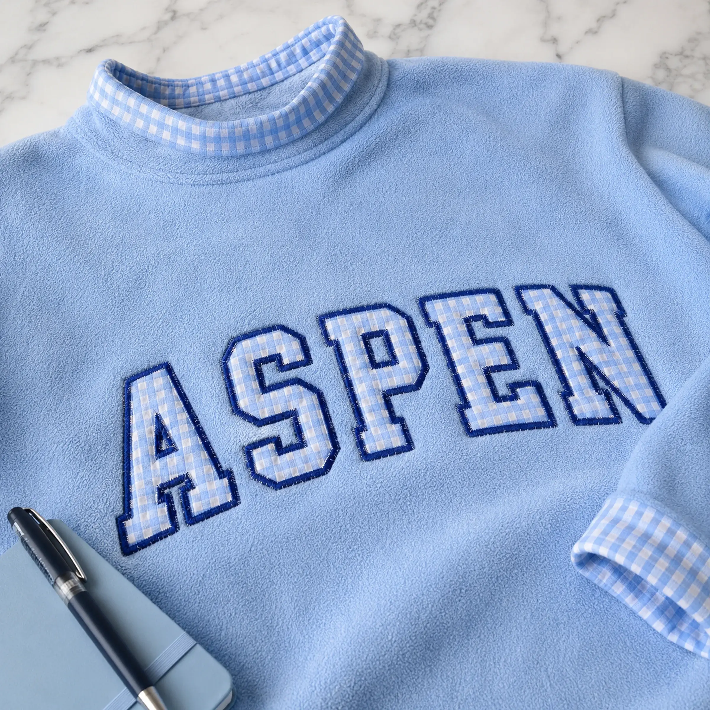 Hometown Varsity Mockneck — Your Town in Gingham Letters