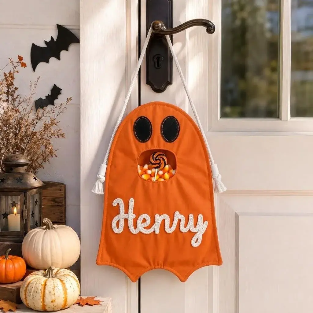 Ghost Treat Bag — Their Name in Chunky Yarn, Ready for the Door