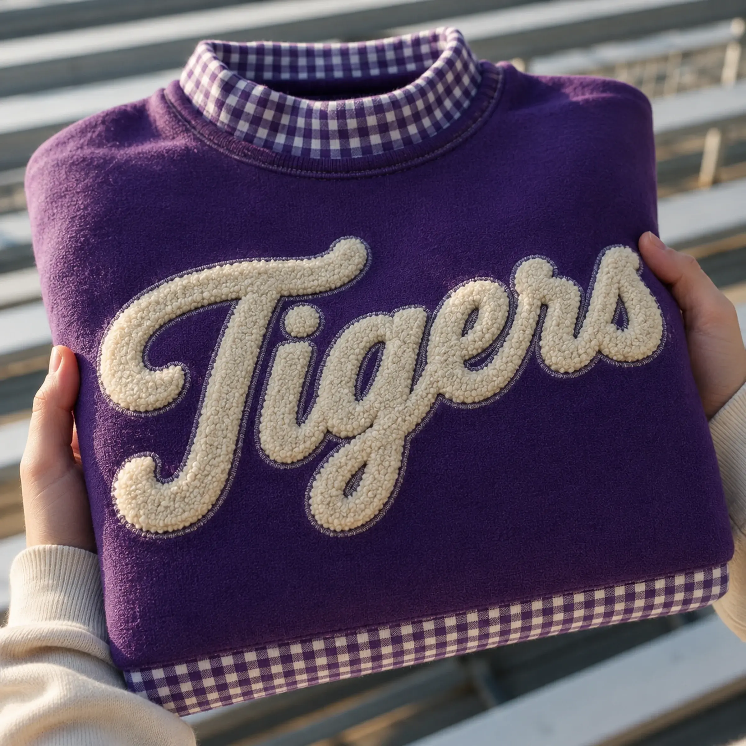 Purple gingham mockneck with Tigers in raised chenille script