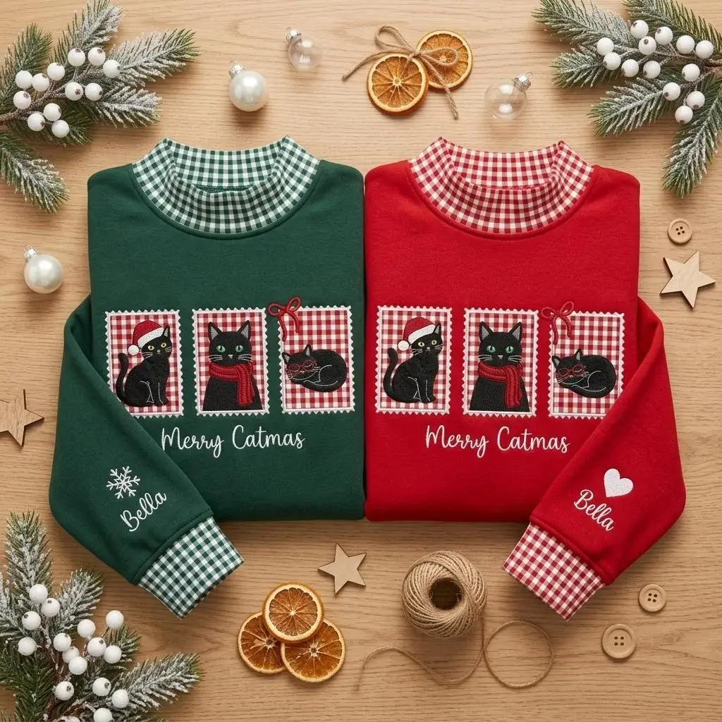 Merry Catmas Mockneck — Three Stitched Cats, Their Name on the Sleeve