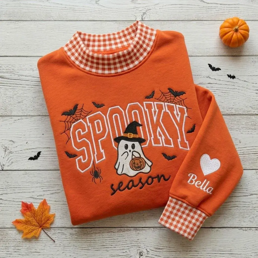 Spooky Season Mockneck — Ghost Appliqué, Their Name on the Sleeve