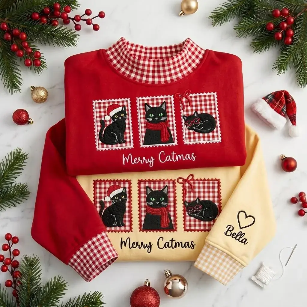 Merry Catmas Mockneck — Three Stitched Cats, Their Name on the Sleeve