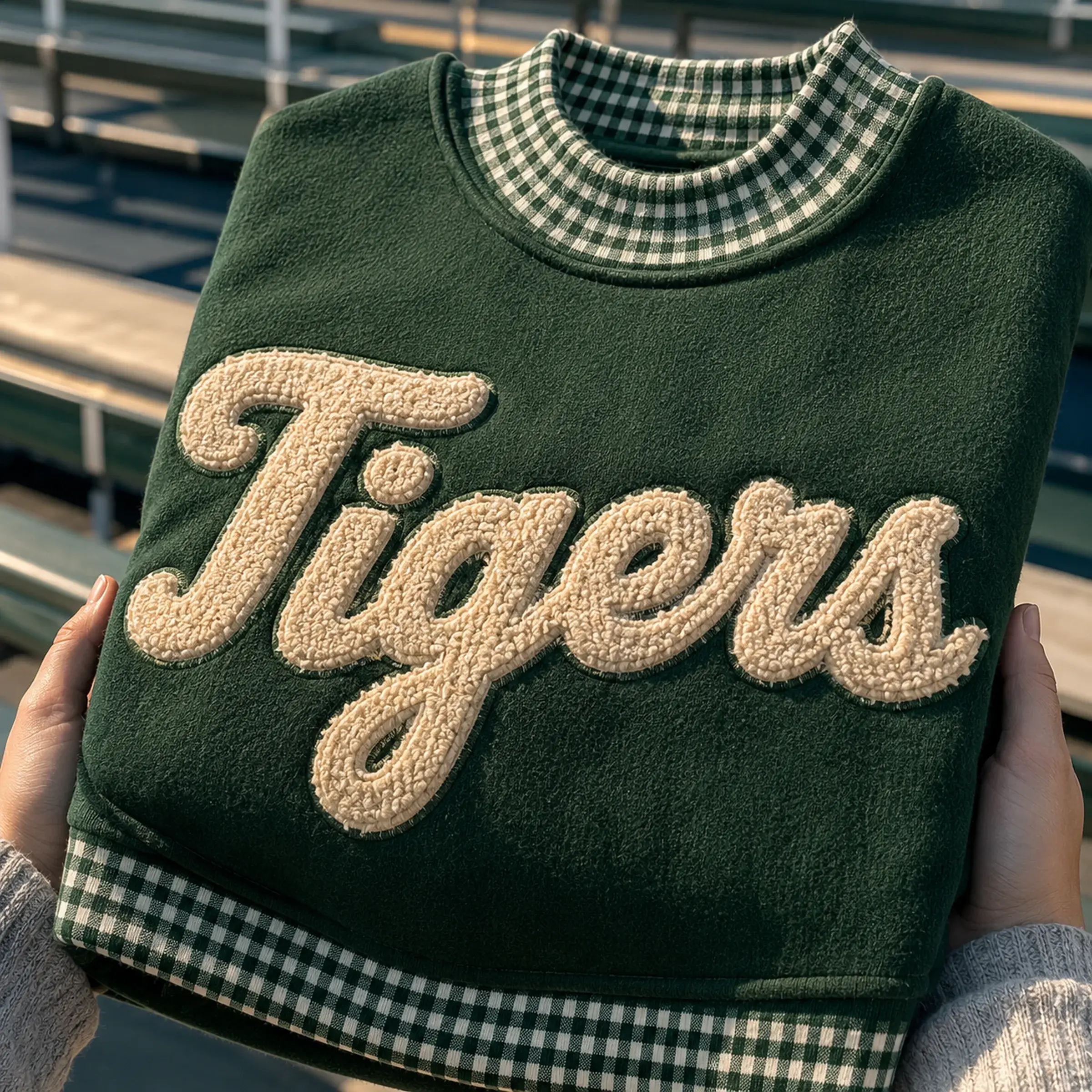 Green gingham mockneck with Tigers in raised chenille script