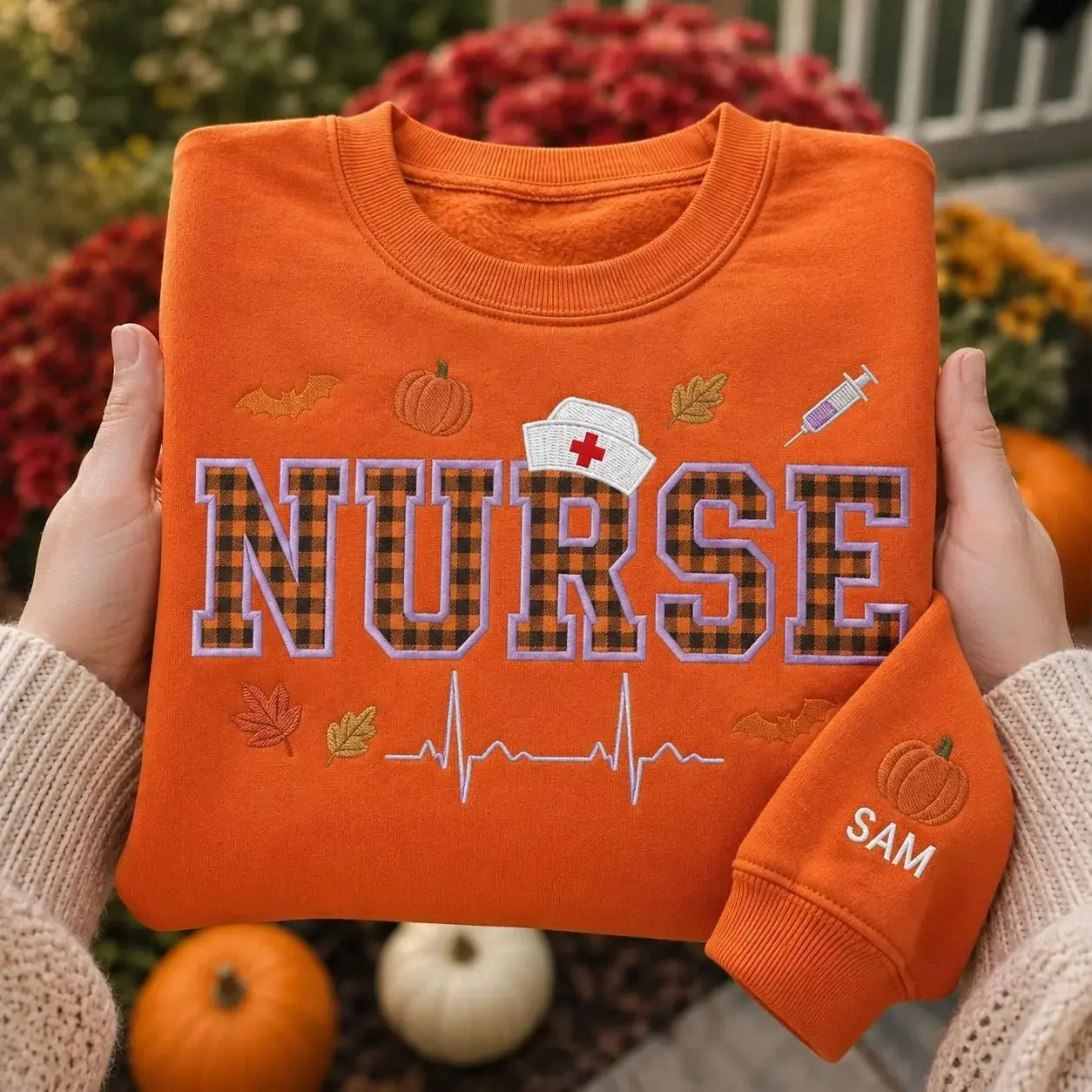 Nurse Crewneck — Plaid Appliqué Letters, Their Name on the Sleeve